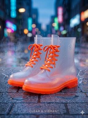 Waterproof Clear Lace-Up Winter Rain Boots with Vibrant Orange Sole